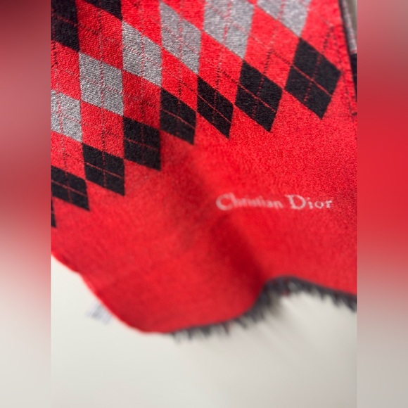 Christian Dior Wool Red Checkered Scarf with “Christian Dior” Script - Picture 6 of 7